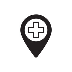 Obraz premium Black medical cross inside location pin icon on white background health hospital