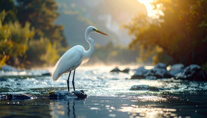 A beautiful white heron stands on a rock in a river, bathed in the warm light of sunrise. The image captures a serene moment in nature.