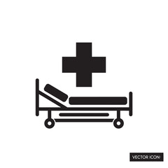 Fototapeta premium Black medical cross symbol above hospital bed icon on white background health