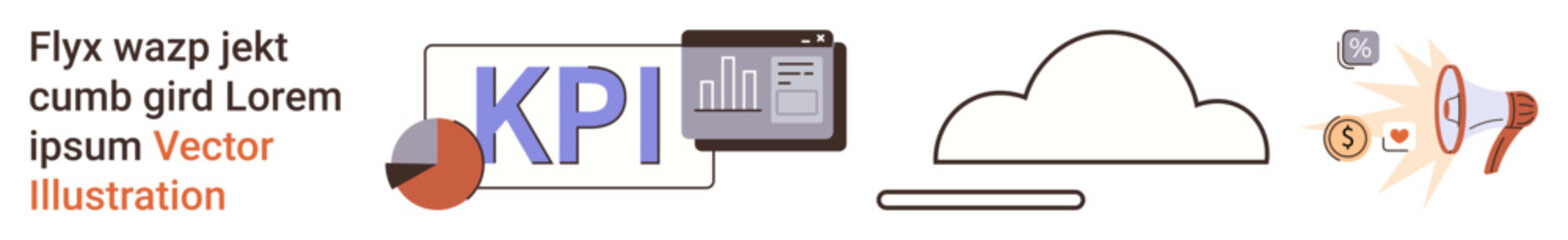 Business analysis, KPI tracking, cloud technology, data sharing, financial growth, information flow. Includes KPI chart and cloud symbol connected to dynamic data. Business analysis and KPI tracking