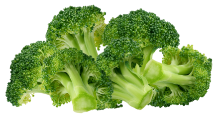 delicious and fresh, raw green broccoli crowns close up, stacked and isolated against a clean transparent background for easy use and clipping path.
