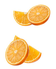 dynamic set of fresh, ripe orange slices and wedges floating in mid-air, displaying vibrant citrus texture and juice pockets isolated on transparent background.