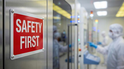 A clear "SAFETY FIRST" sign on a cleanroom wall, with blurred scientists in protective gear working in the background, emphasizing workplace safety.