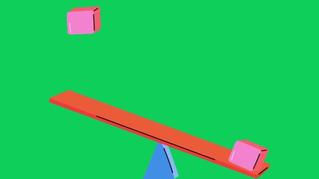 Illustration of an unbalanced seesaw with two pink cubes on a bright green background representing inequality or imbalance concept