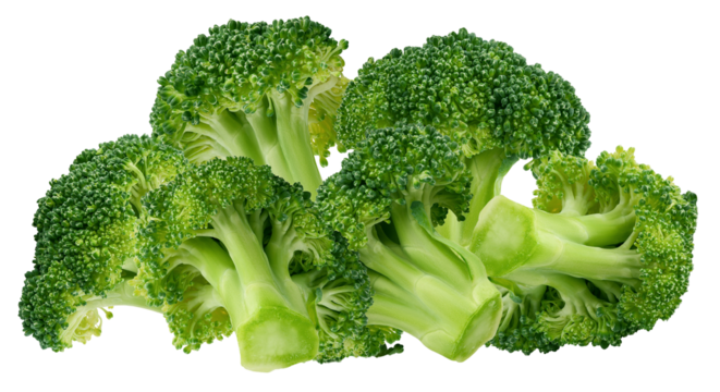 delicious and fresh, raw green broccoli crowns close up, stacked and isolated against a clean transparent background for easy use and clipping path.