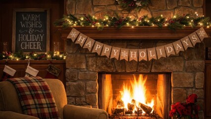 Cozy holiday fireplace scene with festive decorations and warm glowing ambiance