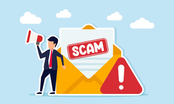Businessman near an envelope marked scam warning promoting awareness with a megaphone illustration of education and alertness in responding to scam news