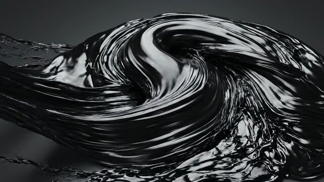 Highly viscous black liquid slowly swirls and stretches across a deep gray background, responding to unseen abstract gravity minimal, high contrast, physics