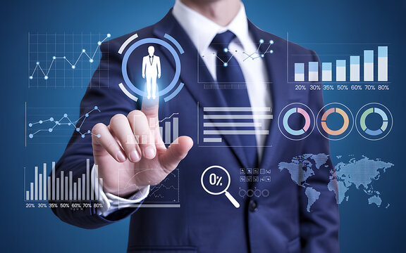 Businessman interacting with futuristic financial data analytics interface finance - Powered by Adobe