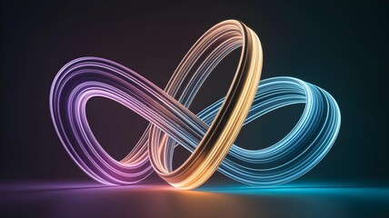 Abstract glowing infinity loop shapes intertwined, symbolizing eternity, connection, and endless possibilities with vibrant neon colors