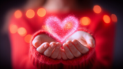 A glowing heart symbol floating gently above cupped hands representing kindness generosity and the emotional warmth associated with giving and human connection.
