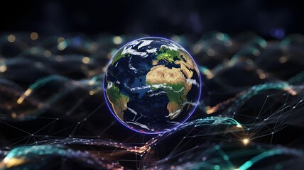 Digital representation of planet earth with glowing network connections and data streams, symbolizing global connectivity and technology in a futuristic abstract background