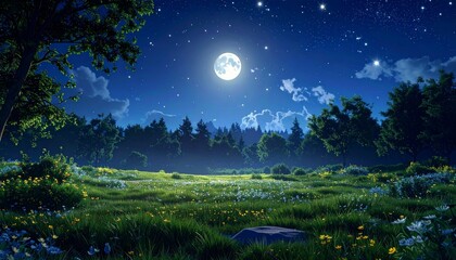 A beautiful full moon illuminates a tranquil grassy meadow surrounded by a dark forest under a starry night sky.