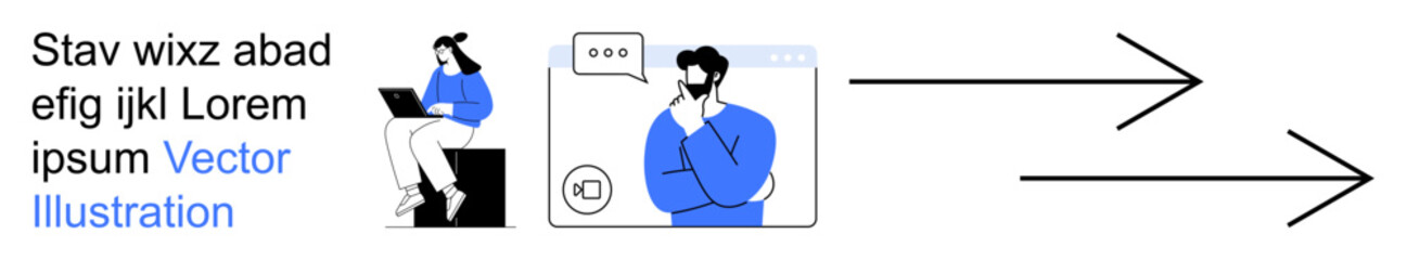 Digital communication, remote teamwork, collaboration tools, online interaction, workflow management, virtual connections. Person at a laptop and a video call interface with arrows. Remote teamwork