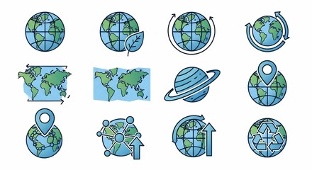 Collection of Earth and globe icons representing global concepts, world maps, and environmental themes.