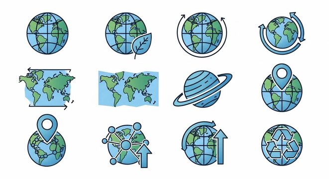 Collection of Earth and globe icons representing global concepts, world maps, and environmental themes.