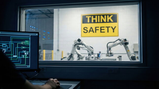 Engineer monitors robotic arms in a modern factory via a control room window, featuring a prominent "THINK SAFETY" sign.