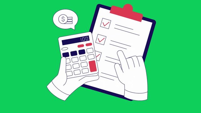 Illustration of hands using a calculator and checking off items on a clipboard, symbolizing accounting or task completion