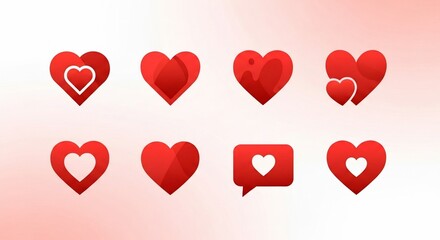 Collection of various red heart icons and symbols with different styles on a light pink background, representing love and affection.