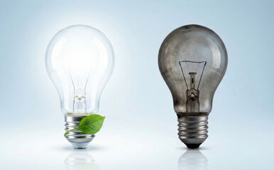 Bright, eco-friendly light bulb with a green leaf next to a dark, broken one. Symbolizes innovation, sustainability, efficiency, and progress vs. obsolescence.