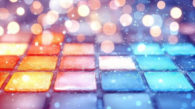 Close-up of a keyboard-like interface with glowing, colorful square buttons and a bokeh effect with sparkles.