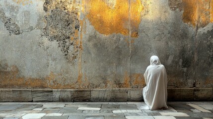 A woman in white clothing kneels in prayer against a textured, weathered wall. The scene is lit with dramatic lighting.