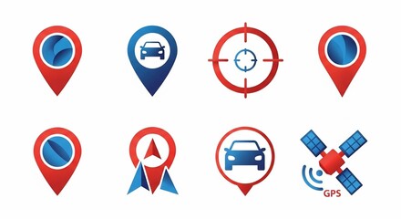 Collection of various location, navigation, and GPS icons including map pins, car symbols, and a satellite.