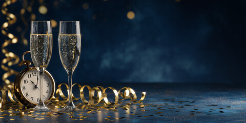 New Year Celebration Background with Champagne Glasses, Clock and Gold Confetti