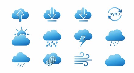 A collection of blue cloud icons representing weather conditions and cloud computing operations like upload, download, and sync.
