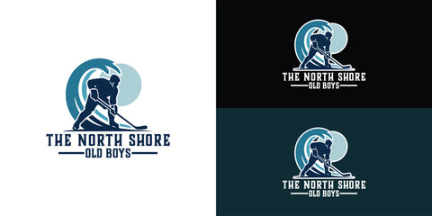The central silhouette of a hockey player holding a stick is set against a large, dynamic, curling wave and a circular shape. This blend of a sports figure and a surf motif creates an overall form.