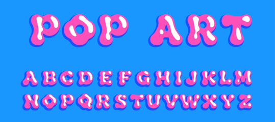 Bold pink bubblegum-pink alphabet with glossy white highlights and purple shadows on vibrant blue background, featuring inflated, rounded pop-art style letters. Comic y2k typography.