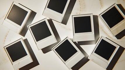 Collection of instant photo frames scattered on a textured surface, vintage polaroid style with blank black spaces for memories, nostalgic and artistic composition