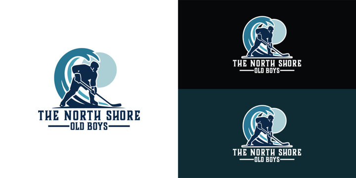 The central silhouette of a hockey player holding a stick is set against a large, dynamic, curling wave and a circular shape. This blend of a sports figure and a surf motif creates an overall form. - Powered by Adobe