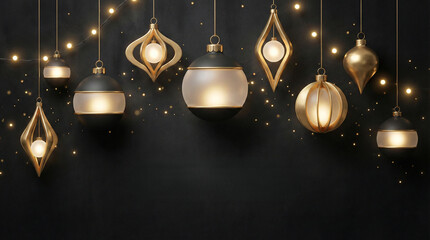 Elegant Gold and Black Christmas Ornaments with Fairy Lights on Dark Background