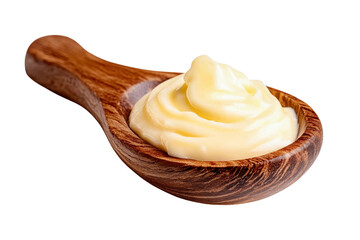 mayonnaise in wooden spoon isolated on transparent background