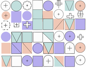 Abstract geometric shapes in pastel colors featuring circles squares triangles and plus minus symbols on a black background
