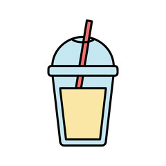Minimalist Flat Vector Art of a Light Yellow Drink in a Translucent Cup with a Red Straw and Light Blue Lid Isolated on a Black Background