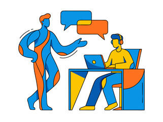 Two People Interacting With Speech Bubbles Featuring One Person Sitting At A Desk Working On A Laptop And Another Standing Beside Them In A Colorful Abstract Style With Blue Yellow And Orange Tones