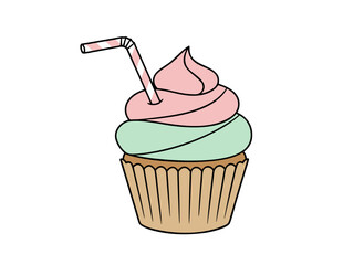 Simple Vector Illustration of a Cupcake with Pink and Mint Green Frosting and a Striped Straw on a Black Background
