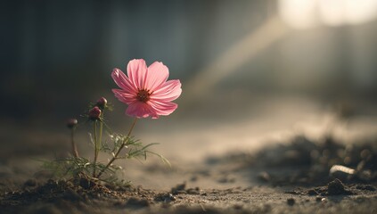 Vibrant pink cosmos flower bathed in sunlight