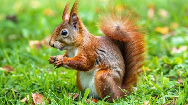 Cute Brown Squirrel Sitting on Green Grass in Nature