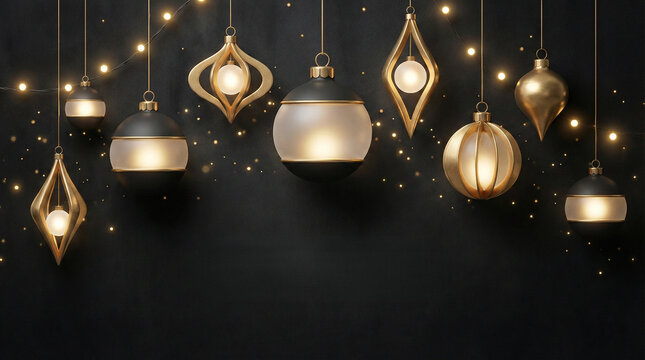 Elegant Gold and Black Christmas Ornaments with Fairy Lights on Dark Background