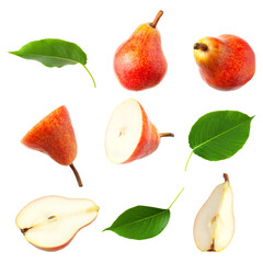 detailed collection of fresh, ripe red pears, including whole fruit, halves, cross sections, and green leaves, scattered and isolated on a clean transparent background.