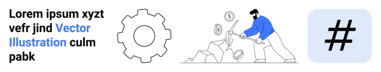 Fototapeta premium Man smashing rocks to collect coins, large gear icon, and a bold hash symbol. Ideal for teamwork, creativity, digital strategies, workflows, financial growth, problem-solving simple landing page