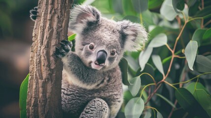Fototapeta premium Cute Gray Koala Climbing Tree in Green Foliage