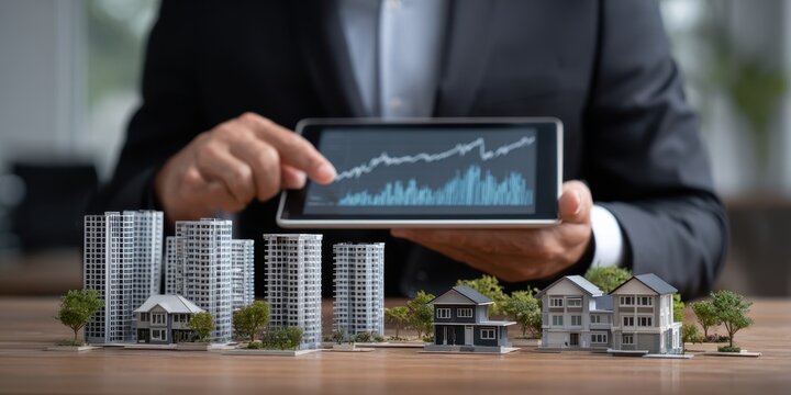 Real estate market analysis with digital tablet and miniature models