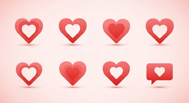 Eight red heart icons in various styles, including outlines, solid shapes, layered designs, and one within a speech bubble, on a soft pink background.