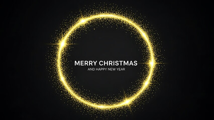Golden glitter circle with Merry Christmas and Happy New Year text light sparkle