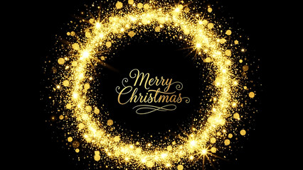 Golden glitter circle with Merry Christmas text on black background bokeh frame