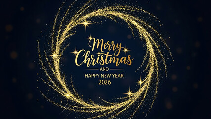 Golden glitter swirl with Merry Christmas and Happy New Year 2026 text dust sparkle